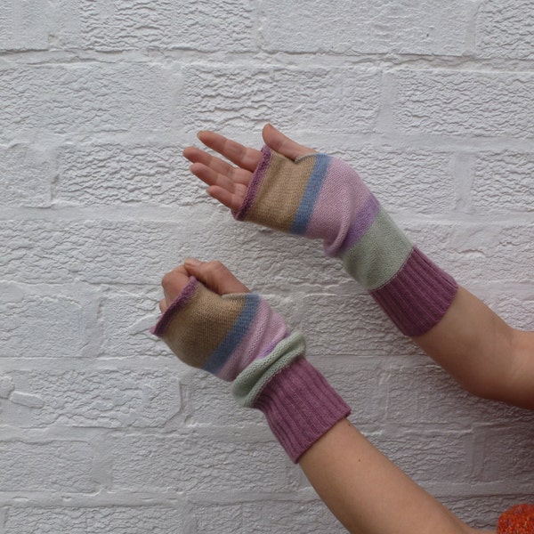Colour block fingerless mittens wool handmade accessories texting gloves teens eco-friendly gloves small size armwarmers Pastel goth mitts.