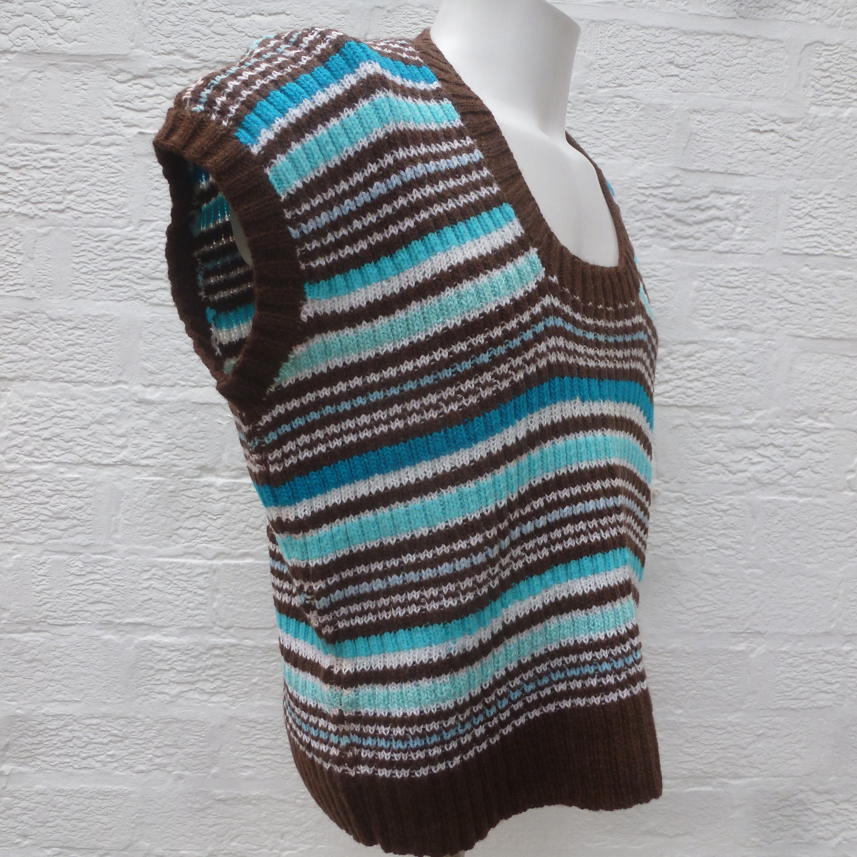 Image of Blues Tank Top Brown Striped Oversize Clothing, Vintage Women's S Retro Fashion, Handknitted Sleeveless Jumper Wool Sweater Pullover