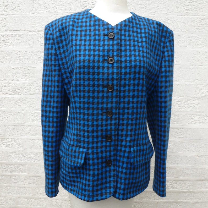 vintage wool clothing Blue black check jacket ladies size 12 UK 1980s boxy smart collarless spencer style women/'s blazer.