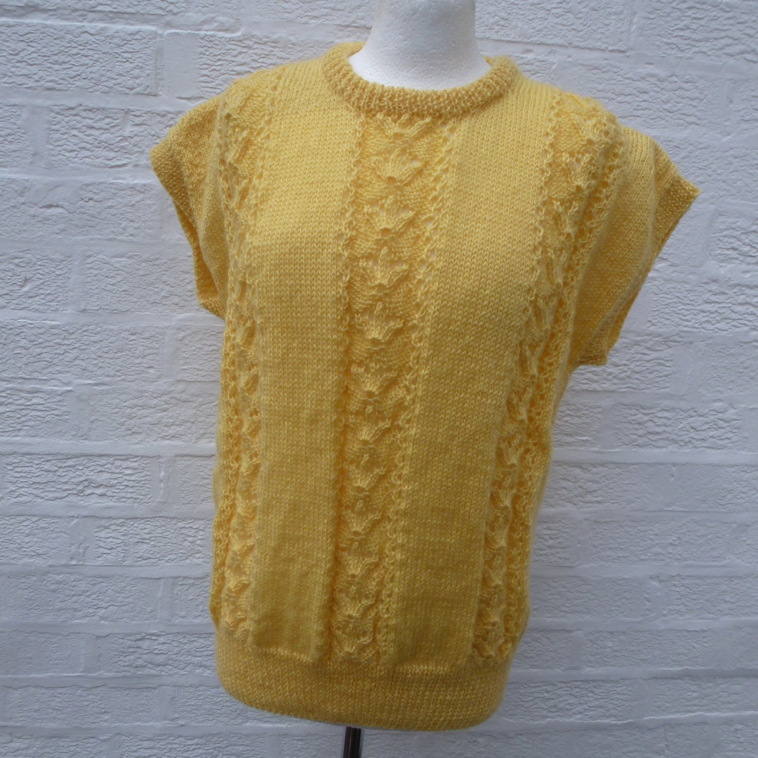 Image of Yellow Pullover Sweater, Handmade Women's Vintage S Wool Jumper Tank Top, Sleeveless Clothing Knit Tee Top