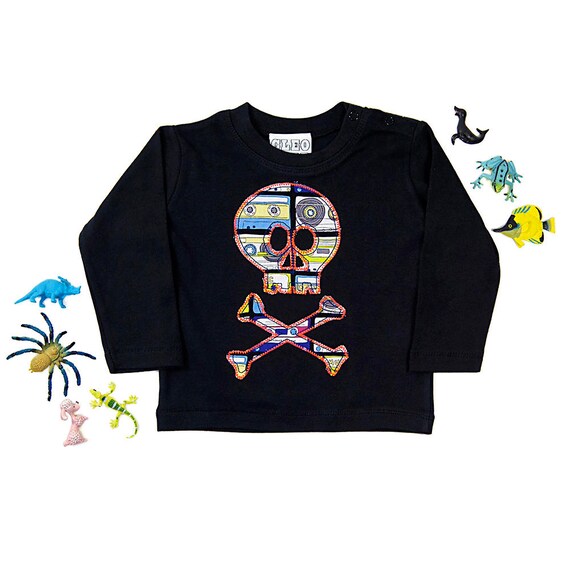 Baby and Toddler Skull and Crossbones Patch Long Sleeve T-Shirt Pirate Unisex Design - Cassette Print | Festival Baby | House of Kid