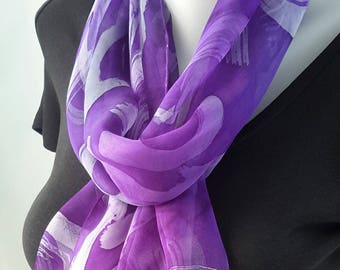 Silk scarf long hand painted chiffon Mauve pearl grey purple