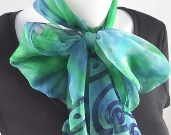 Silk scarf long hand painted chiffon navy blue green turquoise blue