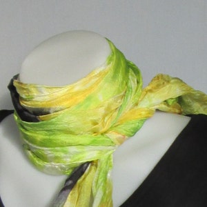 Silk scarf long crinkle hand painted - yellow green and black tie dye flowers