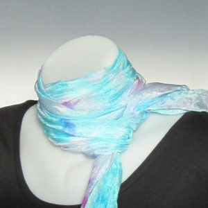 Silk scarf long crinkle hand painted  - pale turquoise and lilac