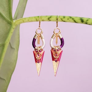Colorful geometric triangle pendant earrings, fuchsia purple and gold tones, ethnic graphic and boho chic style, statement jewelry // NALI image 1