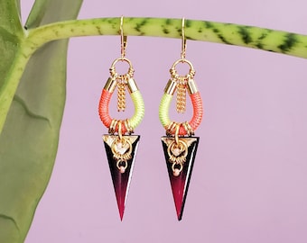 Neon geometric triangle pendant earrings, colorful tones, ethnic graphic and boho chic style, statement jewelry // ORIA