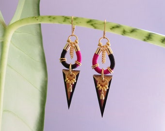 Statement geometric spike triangle pendant earrings with gold plated elements, ethnic, graphic // ORKA