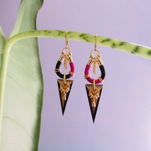 Statement geometric spike triangle pendant earrings with gold plated elements, ethnic, graphic // ORKA image 1