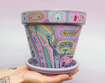 Unique hand-painted pot with abstract, graphic and micro-cosmic drawings, colorful original house plant art // COSMIC CANDY #4