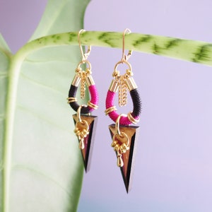 Statement geometric spike triangle pendant earrings with gold plated elements, ethnic, graphic // ORKA image 3
