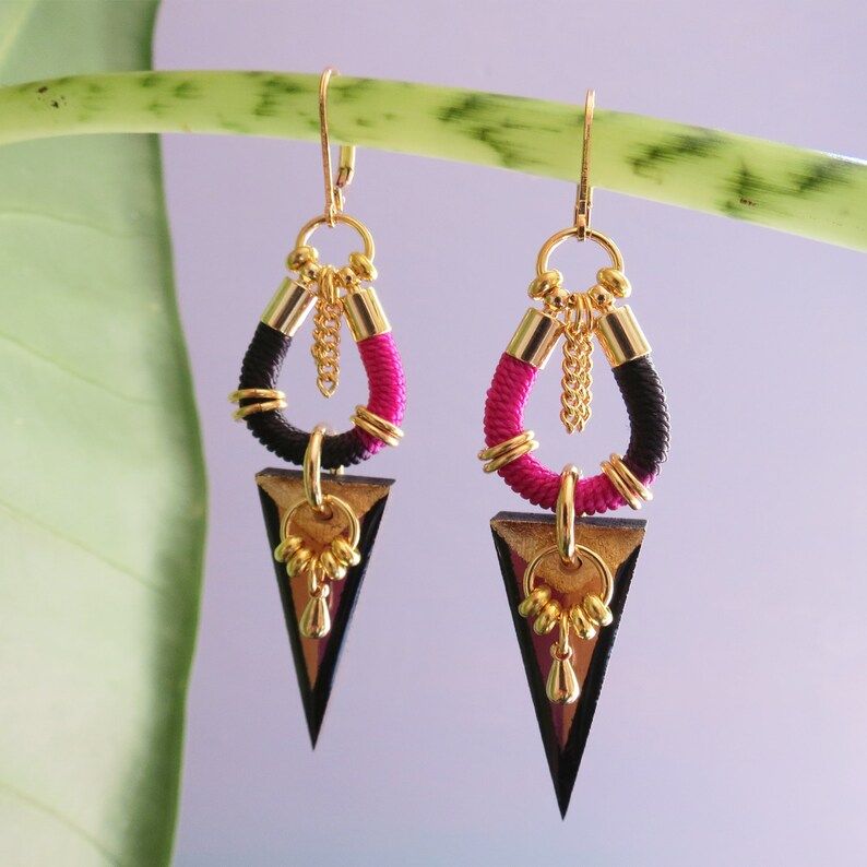 Statement geometric spike triangle pendant earrings with gold plated elements, ethnic, graphic // ORKA image 2