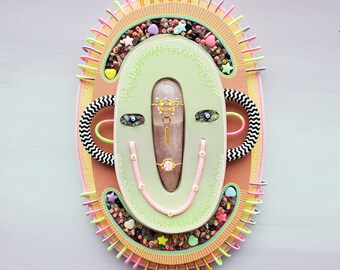 The Wise One - wall totem jewel mask, wood and gemstones wall sculpture, unique colorful and fun abstract wall art, moden mask