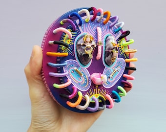 LILA - unique smiley face wall art sculpture, modern wooden mask, colorful and joyful jewel mask