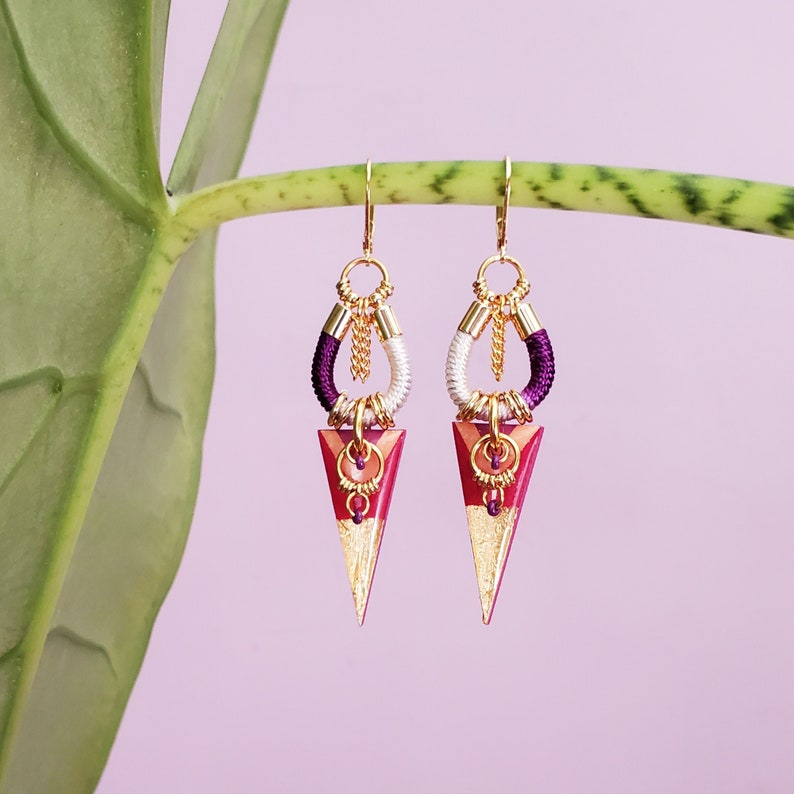 Colorful geometric triangle pendant earrings, fuchsia purple and gold tones, ethnic graphic and boho chic style, statement jewelry // NALI image 1