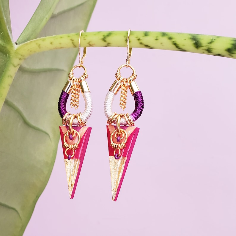 Colorful geometric triangle pendant earrings, fuchsia purple and gold tones, ethnic graphic and boho chic style, statement jewelry // NALI image 2