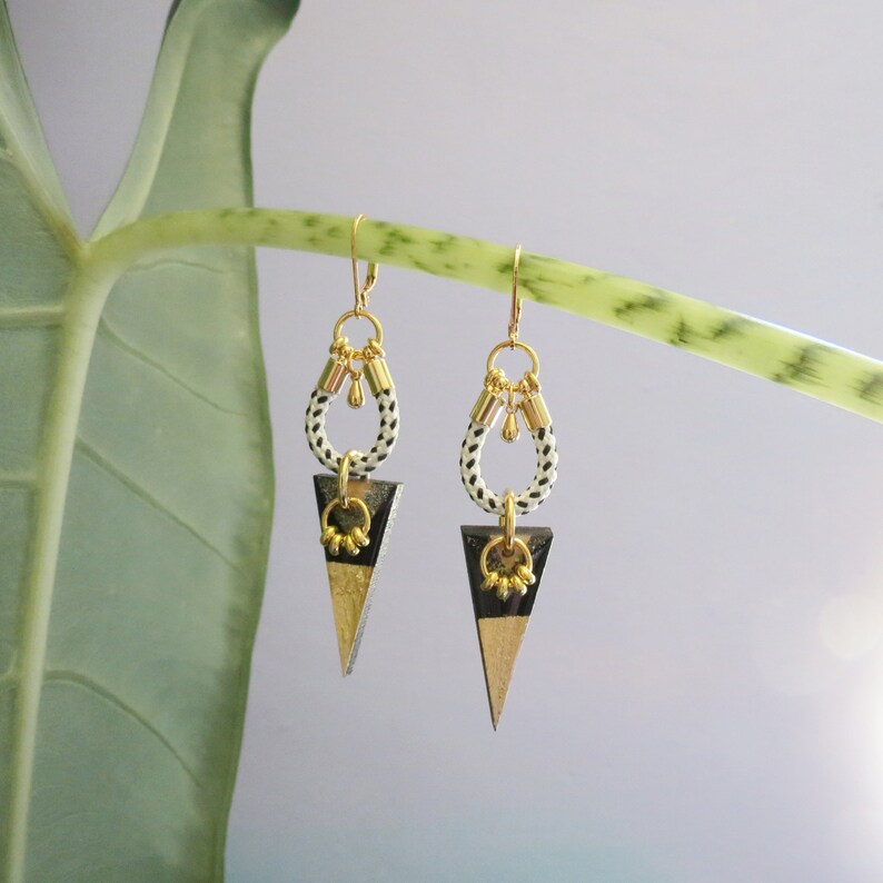 Black and gold triangle earrings with ropes boho chic inspired with gold plated elements // ZOE image 3