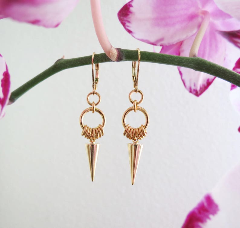 Delicate gold plated spikes dangle earrings // ICA image 1