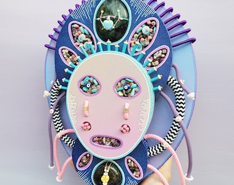 The Protector - wall totem, wood art wall sculpture, jewel mask, contemporary abstract and joyful art