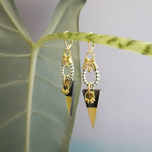 Black and gold triangle earrings with ropes boho chic inspired with gold plated elements // ZOE image 4