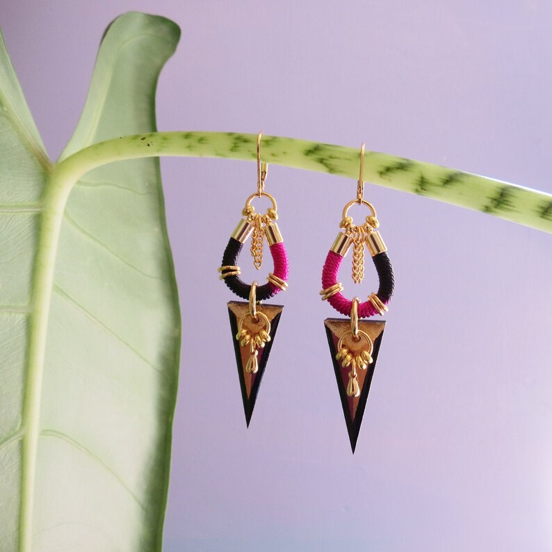 Statement geometric spike triangle pendant earrings with gold plated elements, ethnic, graphic // ORKA image 1