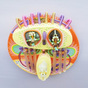 POLY joyful and colorful abstract and graphic jewel mask, wall art wood miwed media sculpture, fun wall art object to brighten your space image 5