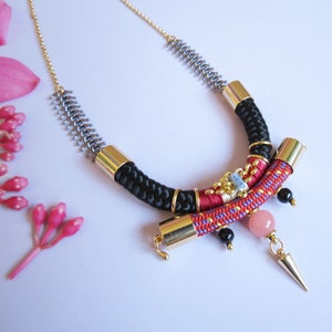 Statement ethnic chic rope necklace with gold spike, edgy bib necklace, edgy jewelry, tribal necklace, ethnic necklace,aztec necklace,boho