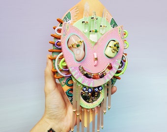 COSMIC FIRE - jewel mask wood sculpture, joyful and colorful abstract art to hang, graphic wooden sculpture with gemstones, mixed media