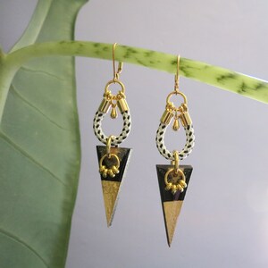 Black and gold triangle earrings with ropes boho chic inspired with gold plated elements // ZOE image 1