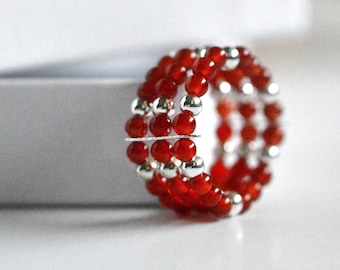 Carnelian ring, stretch bead layer ring gift for sister. Tiny 2mm red Carnelian gemstones dainty anniversary gift. Silver stacking rings.
