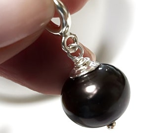 Black pearl charm gift for Christmas. Freshwater black Peacock pearl charm birthstone gift. Round pearl pendant, silver charm for necklace.