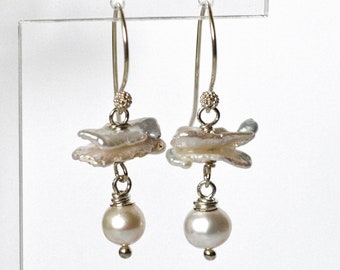 White pearl dangle asymmetric earrings.  Keshi pearl sterling silver leverback dangle earrings for wedding. Bridal pearl earrings.