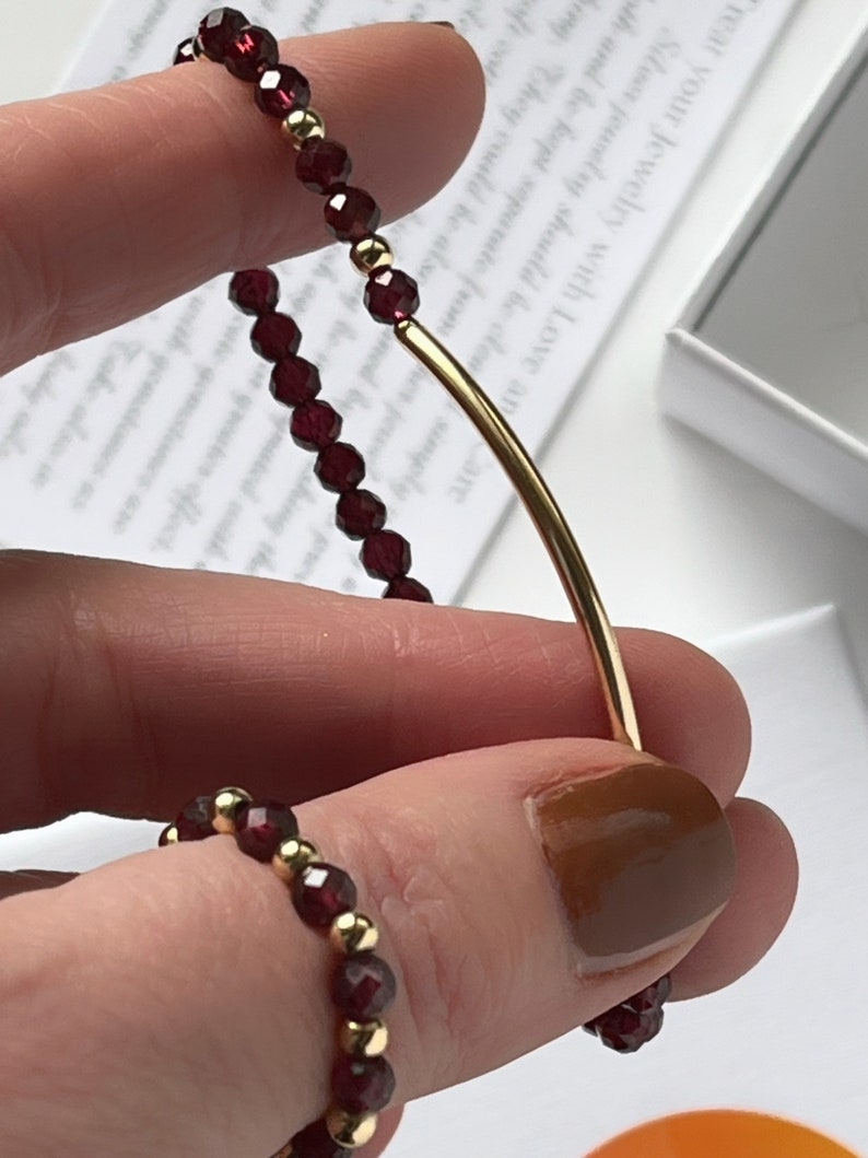 Garnet bead stretch ring gift for sister on anniversary. Dainty gold filled Garnet 4 mm ring, January birthstone gift. 14K gold filled ring. image 8