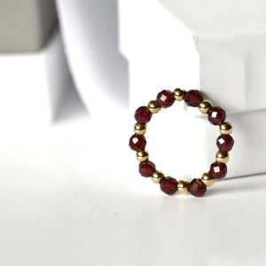 Garnet bead stretch ring gift for sister on anniversary. Dainty gold filled Garnet 4 mm ring, January birthstone gift. 14K gold filled ring. image 1