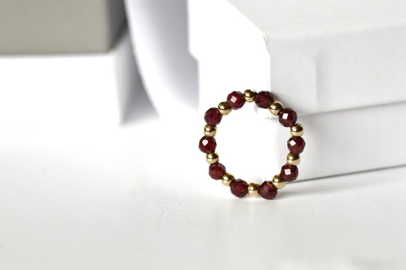 Garnet bead stretch ring gift for sister on anniversary. Dainty gold filled Garnet 4 mm ring, January birthstone gift. 14K gold filled ring. image 1