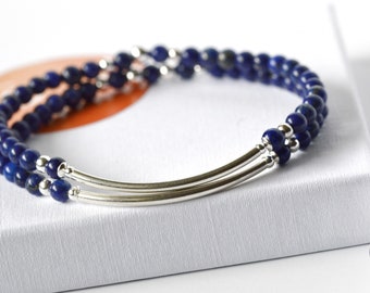 Two Lapis Lazuli stretch bracelets for mother on birthday. Blue silver stacking friendship bracelets, minimalist gemstone stack jewelry gift