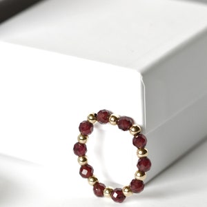 Garnet bead stretch ring gift for sister on anniversary. Dainty gold filled Garnet 4 mm ring, January birthstone gift. 14K gold filled ring. image 5