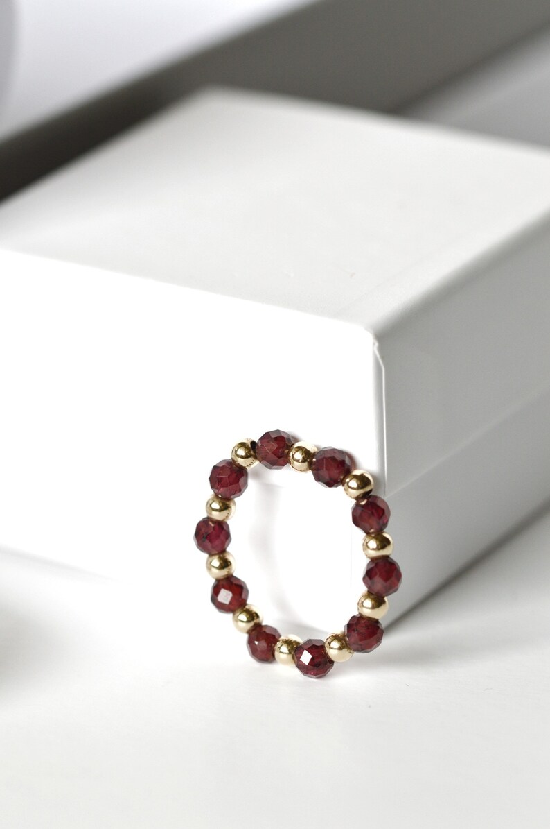 Garnet bead stretch ring gift for sister on anniversary. Dainty gold filled Garnet 4 mm ring, January birthstone gift. 14K gold filled ring. image 5