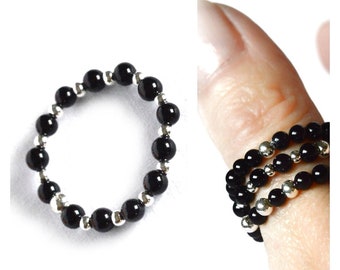 Onyx stretch bead ring gift for sister. Tiny 2mm black onyx gemstones dainty anniversary gift. Silver stacking ring genuine natural stone.