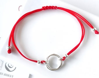 Red string silver double circle bracelet gift for friend on anniversary. Circle of fife friendship bracelet gift for mother from daughter.