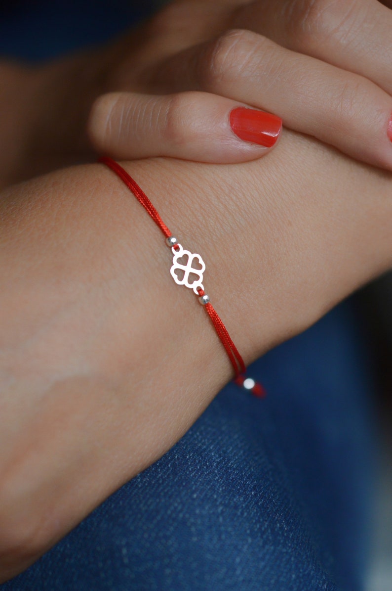 Red clover bracelet gift for friend on anniversary. Stackable friendship sterling silver bracelet. Red martisor bracelet lucky gift for her. image 5