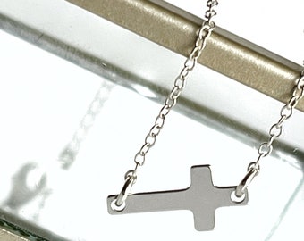 Sterling silver cross minimalist choker necklace confirmation gift. Dainty silver sideways cross necklace, minimalist jewelry birthday gift.