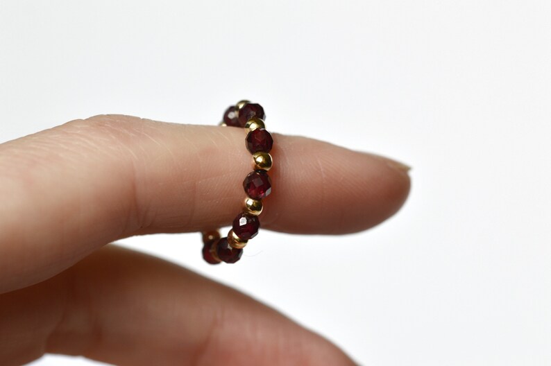 Garnet bead stretch ring gift for sister on anniversary. Dainty gold filled Garnet 4 mm ring, January birthstone gift. 14K gold filled ring. image 2