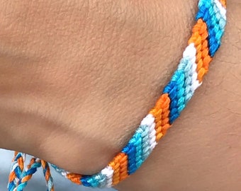 Orange braided friendship bracelet gift for daughter. Blue teal white orange cotton gift from mother on anniversary, summer gift bracelet