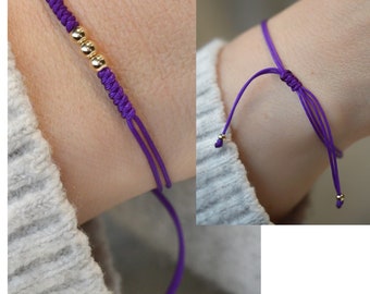 Purple string bracelet gold filled gift. Gold minimalist stacking adjustable bracelet, gift for sister on anniversary.