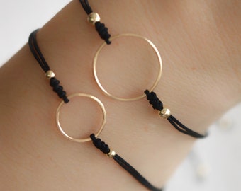 Two gold Karma bracelets, black string gold filled circle bracelets. Friendship string gift for couple, adjustable bracelets for women, men