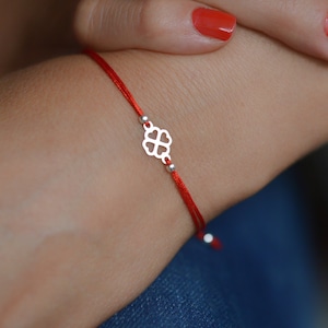 Red clover bracelet gift for friend on anniversary. Stackable friendship sterling silver bracelet. Red martisor bracelet lucky gift for her. image 1