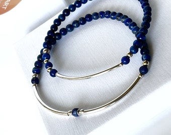 Lapis Lazuli bracelets gift for mother. Blue silver stacking bracelet, stretch friendship bracelets from daughter to mother.