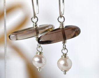 White pearl earrings, Smocky Quartz sterling silver gift for mother on Christmas. Dangle pearl  long earrings, pearl jewelry gift.
