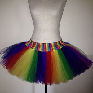 Puede incluir: Una falda de tutú de tul arcoíris con una cintura a rayas arcoíris. La falda está en un maniquí blanco.